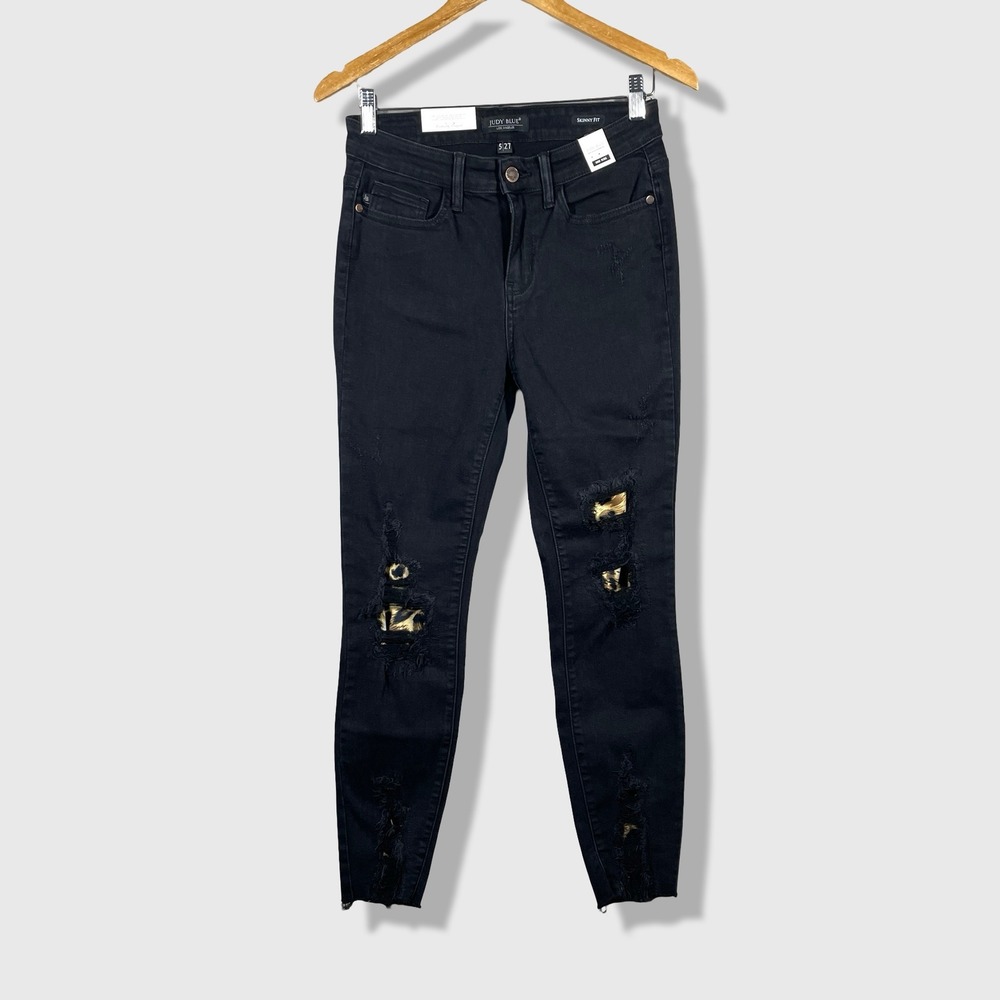 Judy Blue Skinny Jeans Womens 5/27 Black Distressed Leopard Patch Mid‎ Rise